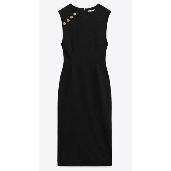 Zara Dresses & Skirts - Zara Black Gold Button Midi Dress Womens Size Large Bodycon Dress